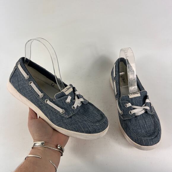Llbean boat shoes women’s size 8.5 W grey blue heather canvas white sole slip on - Picture 1 of 11